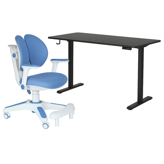 Image of ergonomic kids study chair & adjustable electric standing desk set  blue chair & black desk  suitable for aged care, corporate offices, and commercial settings
