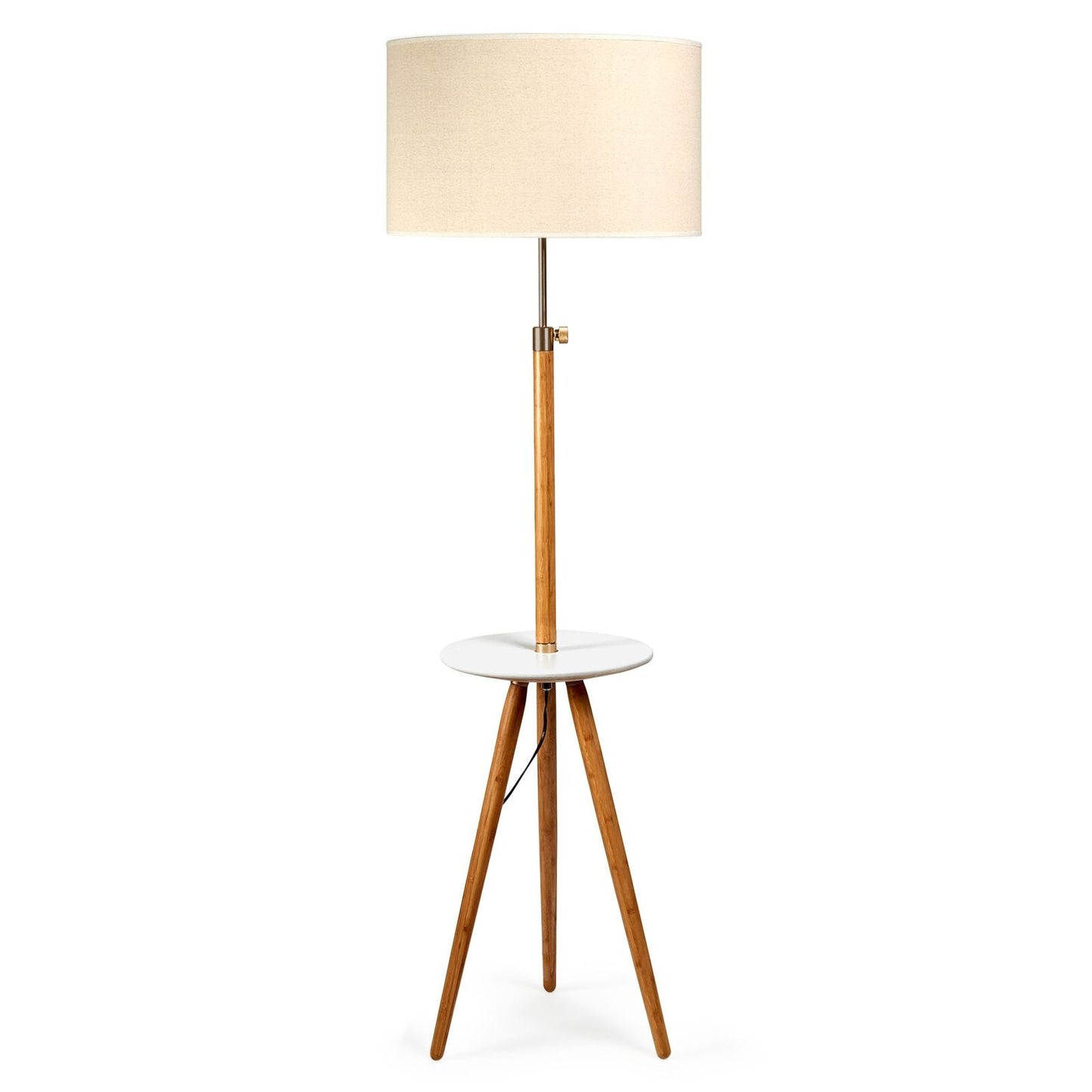 Image of 165cm adjustable bamboo tripod floor lamp light with linen shade & built-in table ideal for luxury casual home interiors