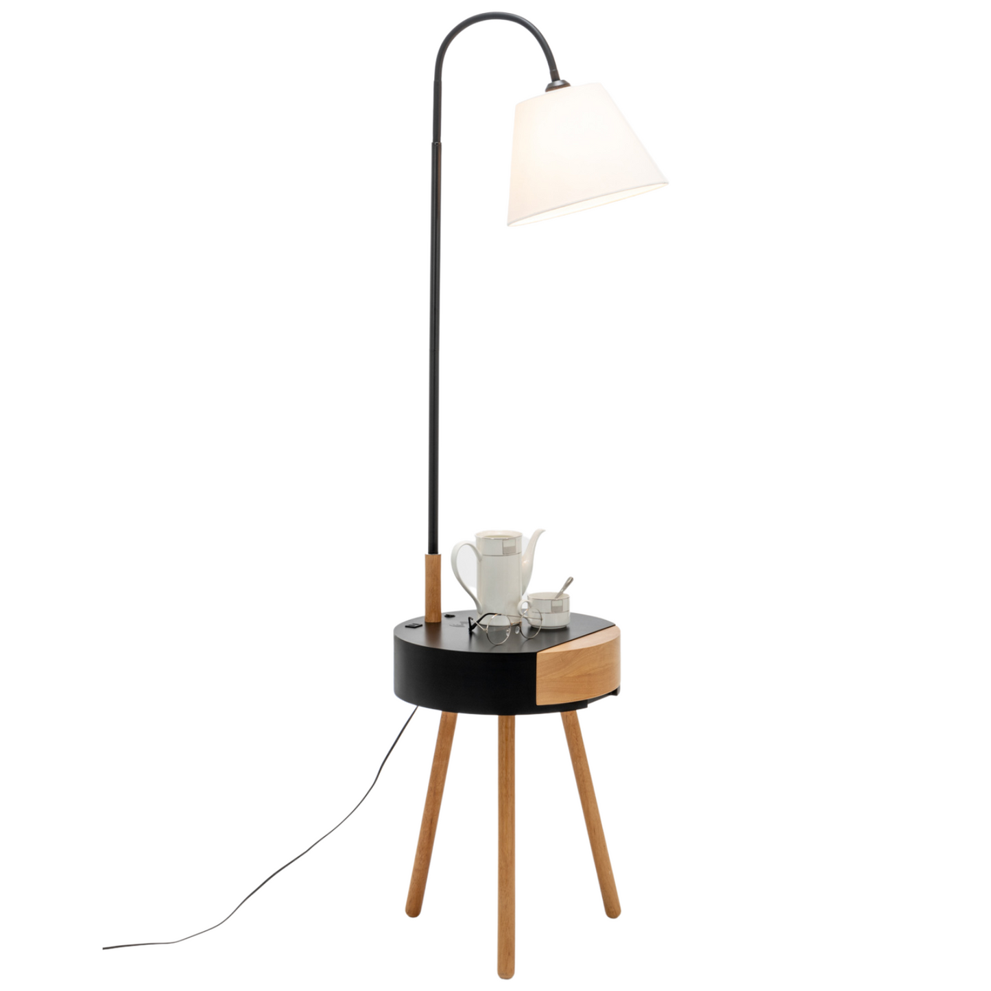 Image of florence tripod lamp shelf storage drawer bed side table light w/ usb charger ideal for luxury casual home interiors