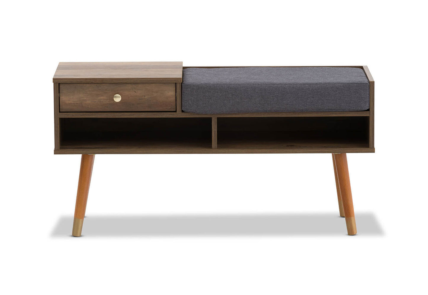 Image of designer cabinet bench storage with seat wooden shelf hallway cupboard - walnut suitable for aged care, corporate offices, and commercial settings