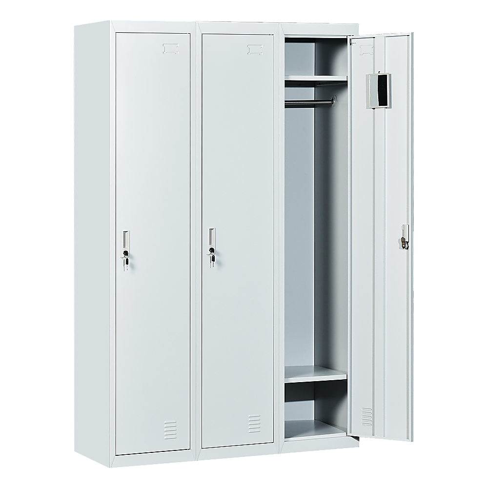Image of three-door side by side office gym shed storage locker suitable for aged care, corporate offices, and commercial settings