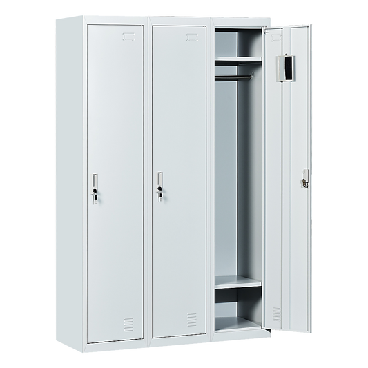Image of three-door side by side office gym shed storage locker  suitable for aged care, corporate offices, and commercial settings