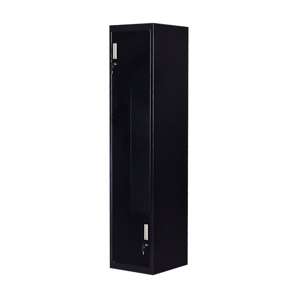 Image of black two-door l-shaped office gym shed storage lockers suitable for aged care, corporate offices, and commercial settings