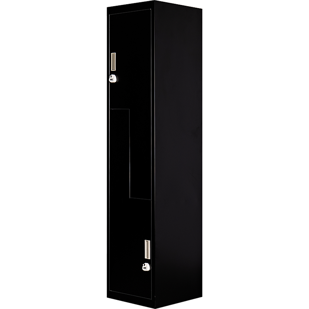 Image of black two-door l-shaped office gym shed storage lockers suitable for aged care, corporate offices, and commercial settings