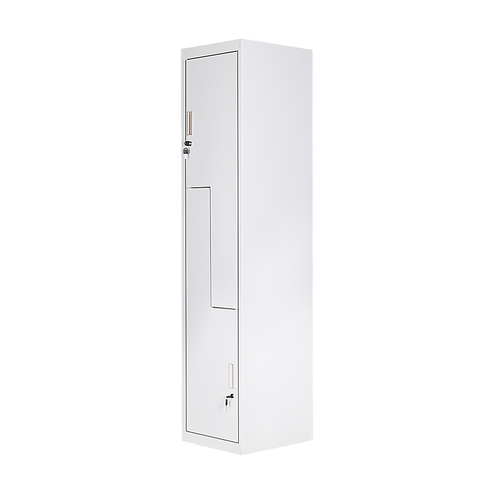 Image of grey two-door l-shaped office gym shed storage lockers suitable for aged care, corporate offices, and commercial settings
