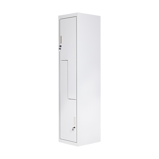 Image of grey two-door l-shaped office gym shed storage lockers  suitable for aged care, corporate offices, and commercial settings