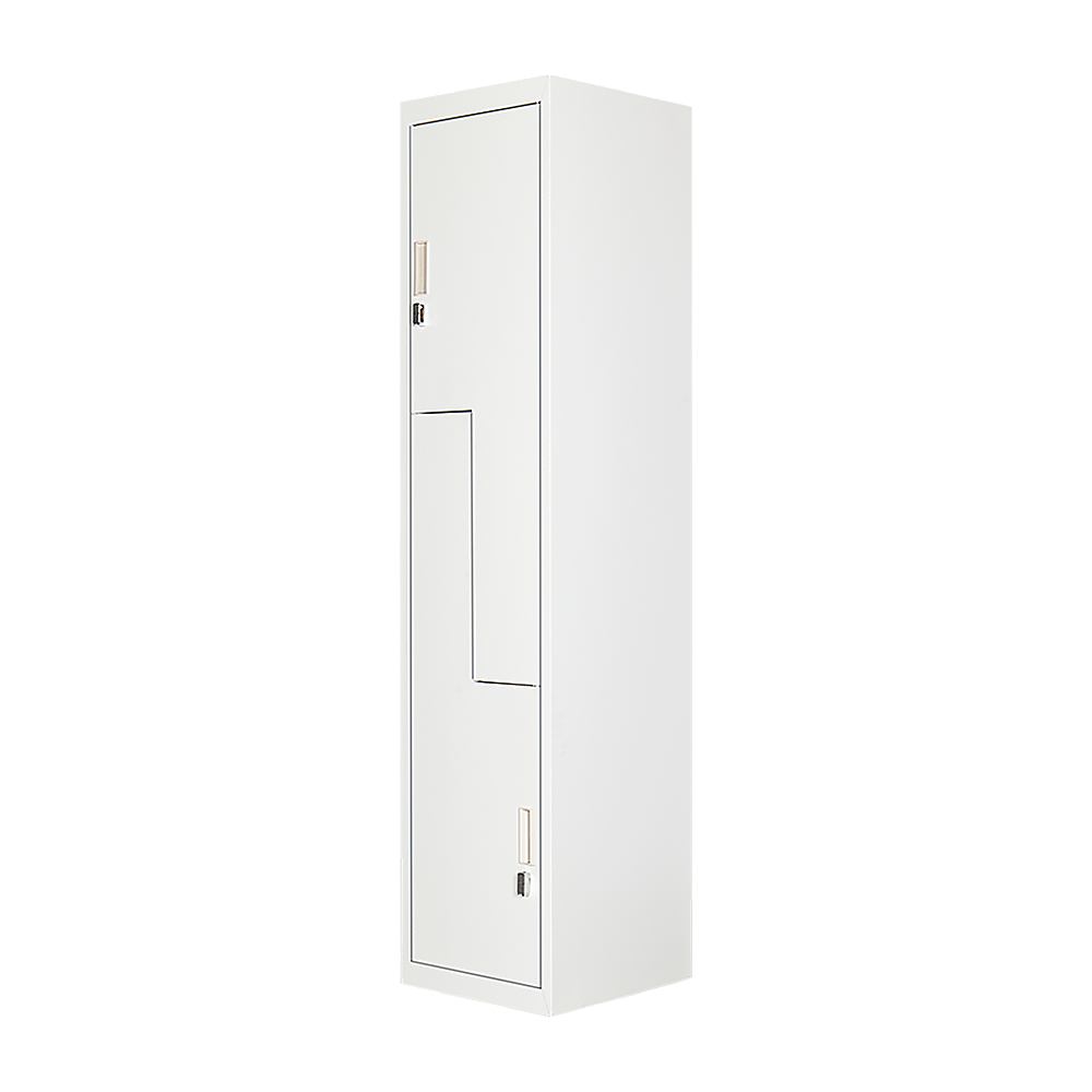 Image of grey two-door l-shaped office gym shed storage lockers suitable for aged care, corporate offices, and commercial settings