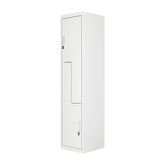 Image of grey two-door l-shaped office gym shed storage lockers  suitable for aged care, corporate offices, and commercial settings