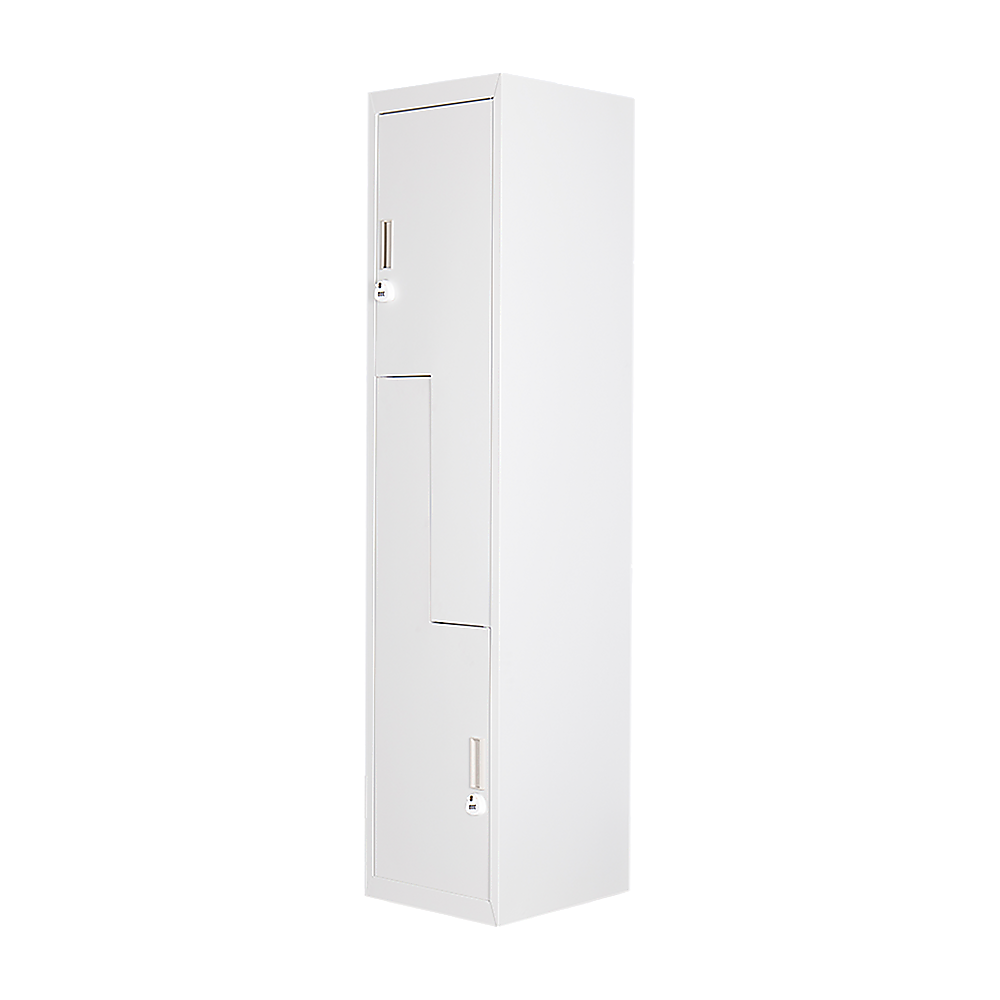 Image of grey two-door l-shaped office gym shed storage lockers suitable for aged care, corporate offices, and commercial settings