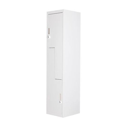 Image of grey two-door l-shaped office gym shed storage lockers  suitable for aged care, corporate offices, and commercial settings