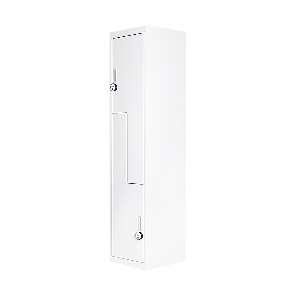 Image of grey two-door l-shaped office gym shed storage lockers suitable for aged care, corporate offices, and commercial settings