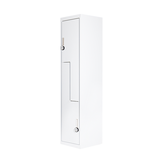 Image of grey two-door l-shaped office gym shed storage lockers  suitable for aged care, corporate offices, and commercial settings