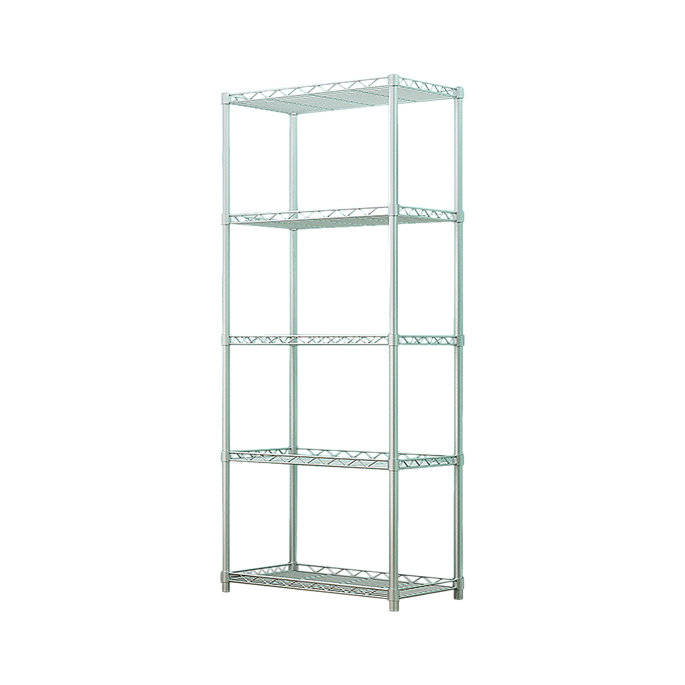 Image of 5 tier silver metal storage rack shelving wire shelf suitable for aged care, corporate offices, and commercial settings