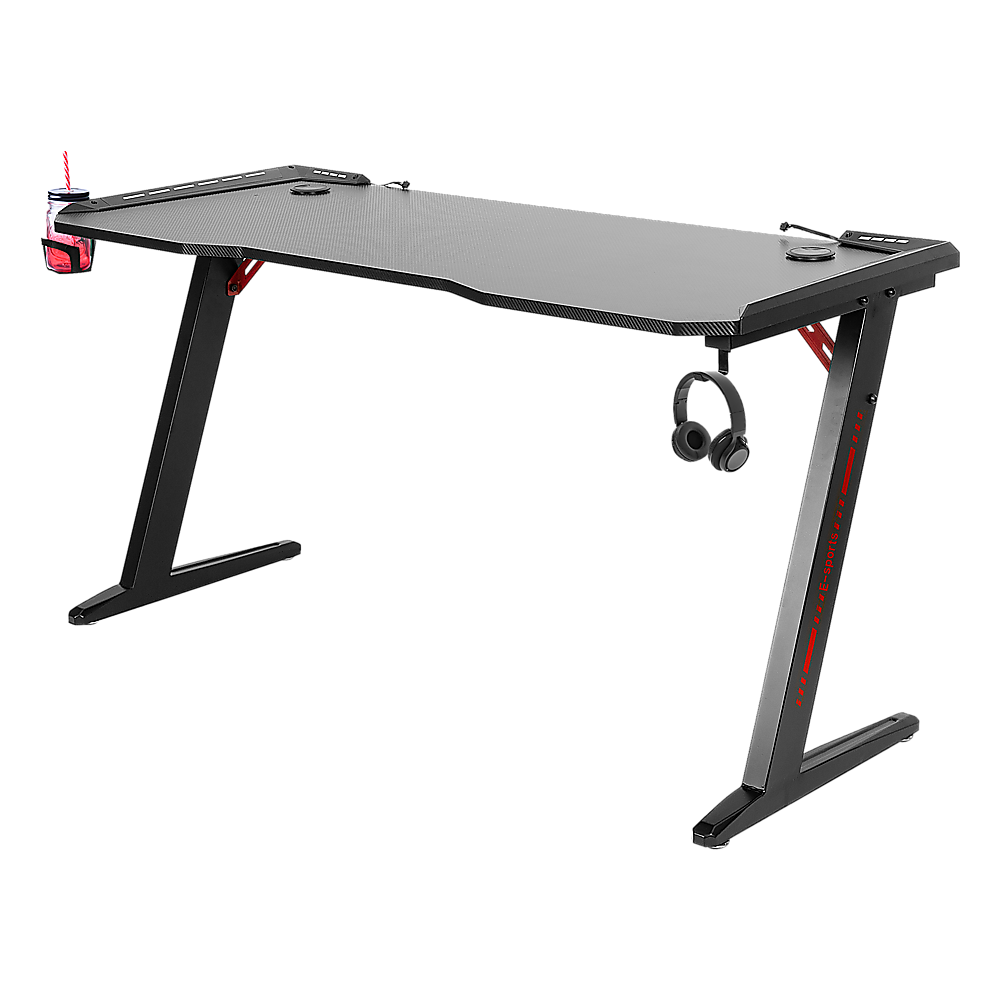 Image of led gaming desk computer table with cup holder headphone hook cable hole suitable for aged care, corporate offices, and commercial settings