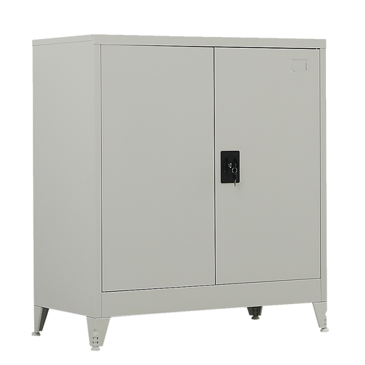 Image of two-door metal short cabinet shelf storage for home office gym  versatile for both home and professional use