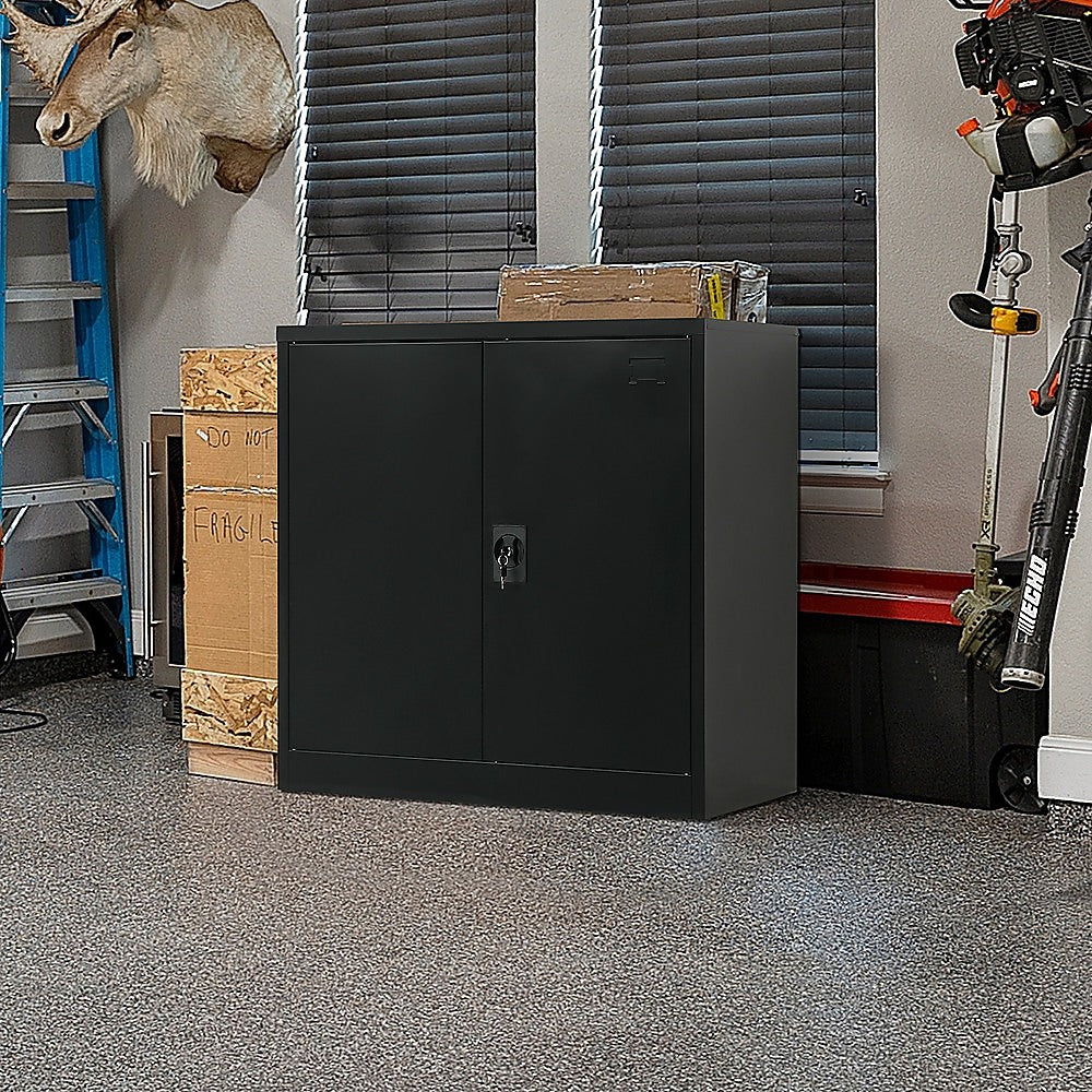 Image of two-door metal short cabinet shelf storage for home office gym versatile for both home and professional use