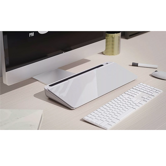 Image of glass desktop buddy whiteboard office writing desk  suitable for aged care, corporate offices, and commercial settings