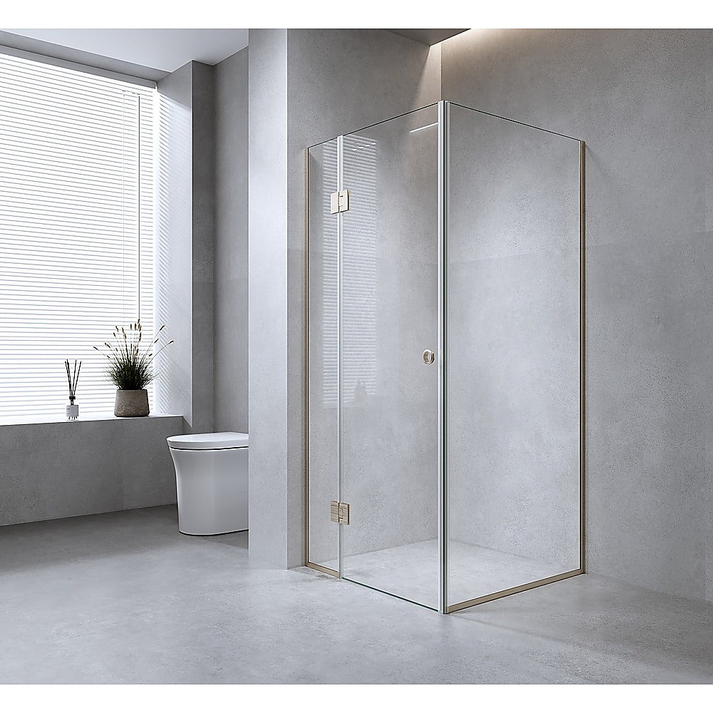 Image of 100x80cm corner frameless shower screen with chrome channel and brass hinges, round handle versatile for both home and professional use