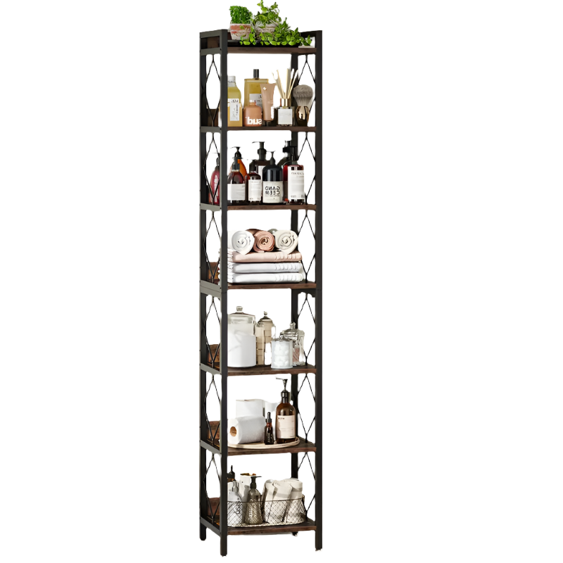 Image of nnetmlt 78.7 inch extra tall 7 tier skinny bookcase, rustic brown versatile for both home and professional use
