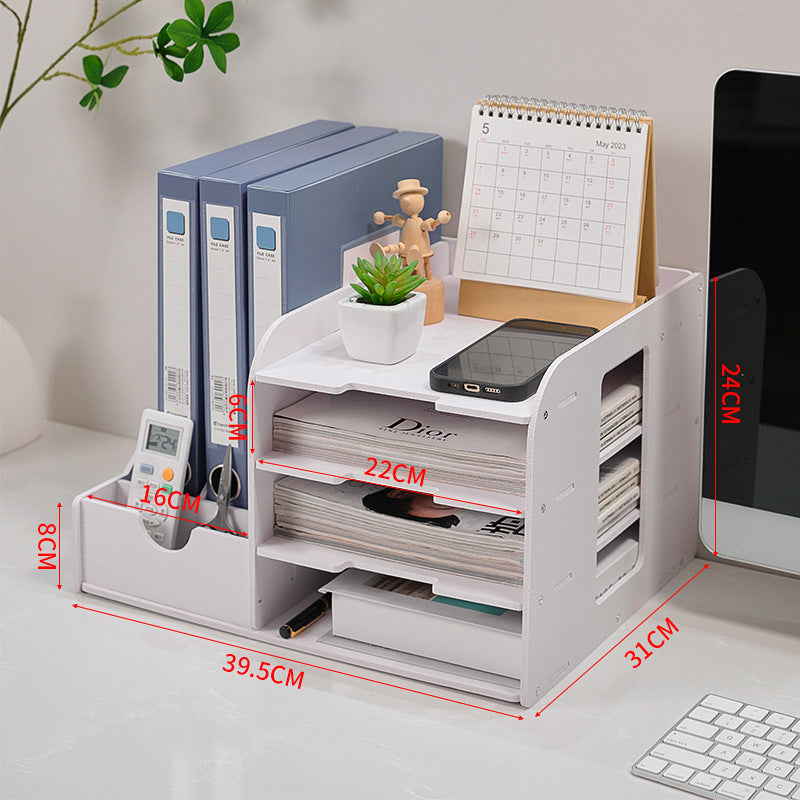 Image of multi-functional desktop organizer with document and stationery storage - compact desk shelf, 39.5x31x24cm suitable for aged care, corporate offices, and commercial settings