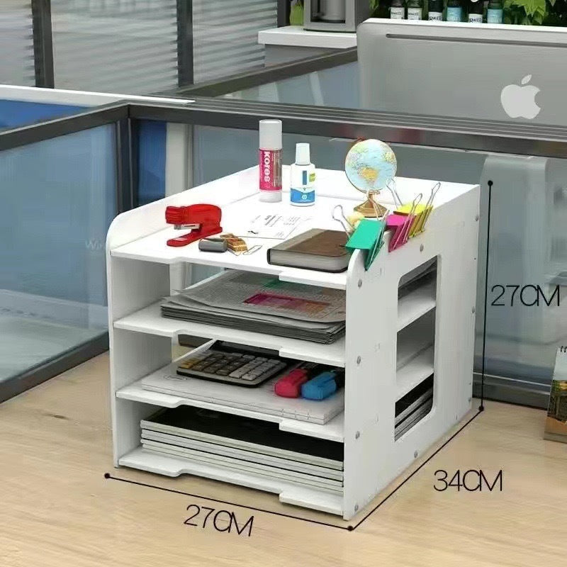 Image of multi-functional desktop organizer with document and stationery storage - compact desk shelf, 27x34x27cm suitable for aged care, corporate offices, and commercial settings