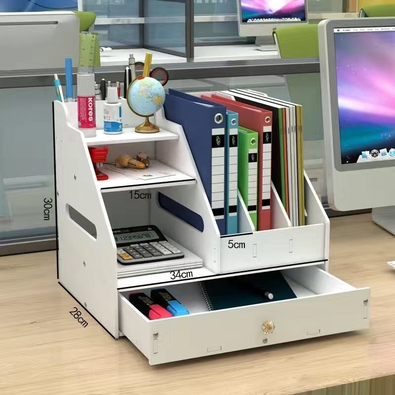 Image of multi-functional desktop organizer with document and stationery storage - compact desk shelf, 34x28x30cm suitable for aged care, corporate offices, and commercial settings