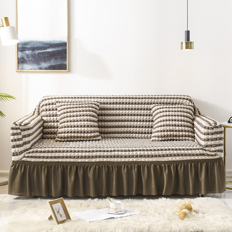 Image of elastic sofa cover-two-color coffee (305-360cm) ideal for luxury casual home interiors
