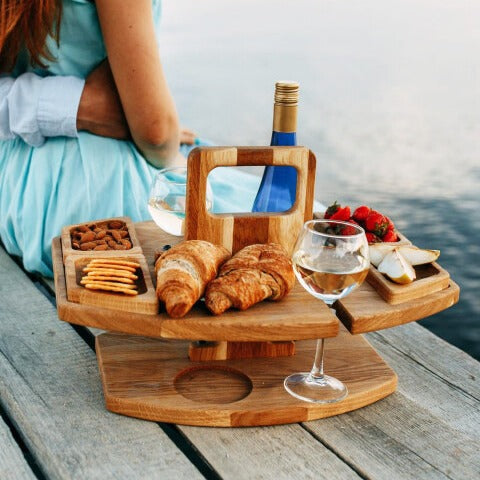 Image of sycamore log color portable wooden picnic table - wine glass & snack holder  available at The Epic Shop