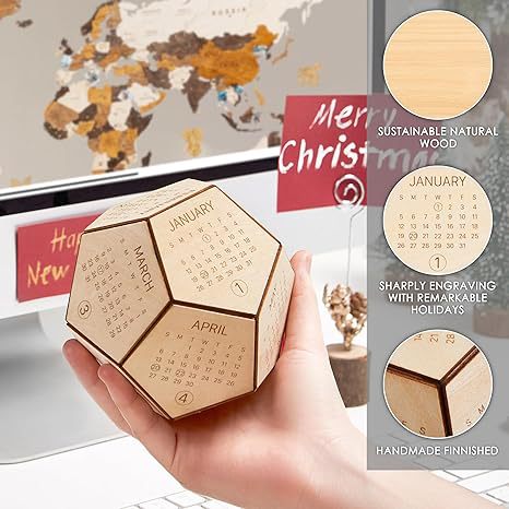 Image of handmade wooden desk calendar | sustainable eco-friendly perpetual calendar | unique office decor gift suitable for aged care, corporate offices, and commercial settings
