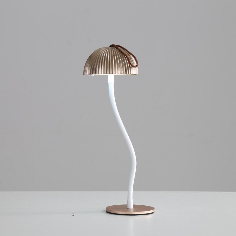 Image of corrugated gold lamp cap elegant curved stem mushroom desk lamp - adjustable led table light versatile for both home and professional use