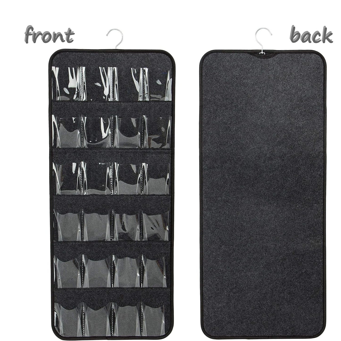 Image of dark grey hanging felt shoe organizer with 24 clear pockets - anti-rust metal hanger included, perfect for shoes, toys, and accessories available at The Epic Shop