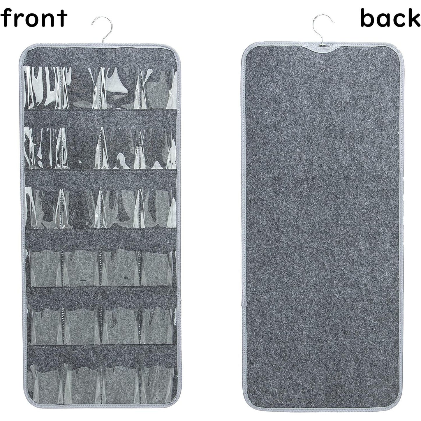 Image of grey hanging felt shoe organizer with 24 clear pockets - anti-rust metal hanger included, perfect for shoes, toys, and accessories available at The Epic Shop