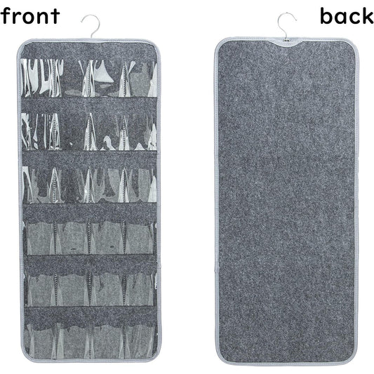 Image of grey hanging felt shoe organizer with 24 clear pockets - anti-rust metal hanger included, perfect for shoes, toys, and accessories  available at The Epic Shop