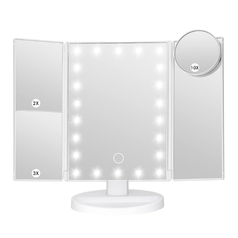 Image of white tri-fold lighted makeup mirror, 22 led vanity mirror with 1x/2x/3x/10x magnification, portable cosmetic mirror versatile for both home and professional use
