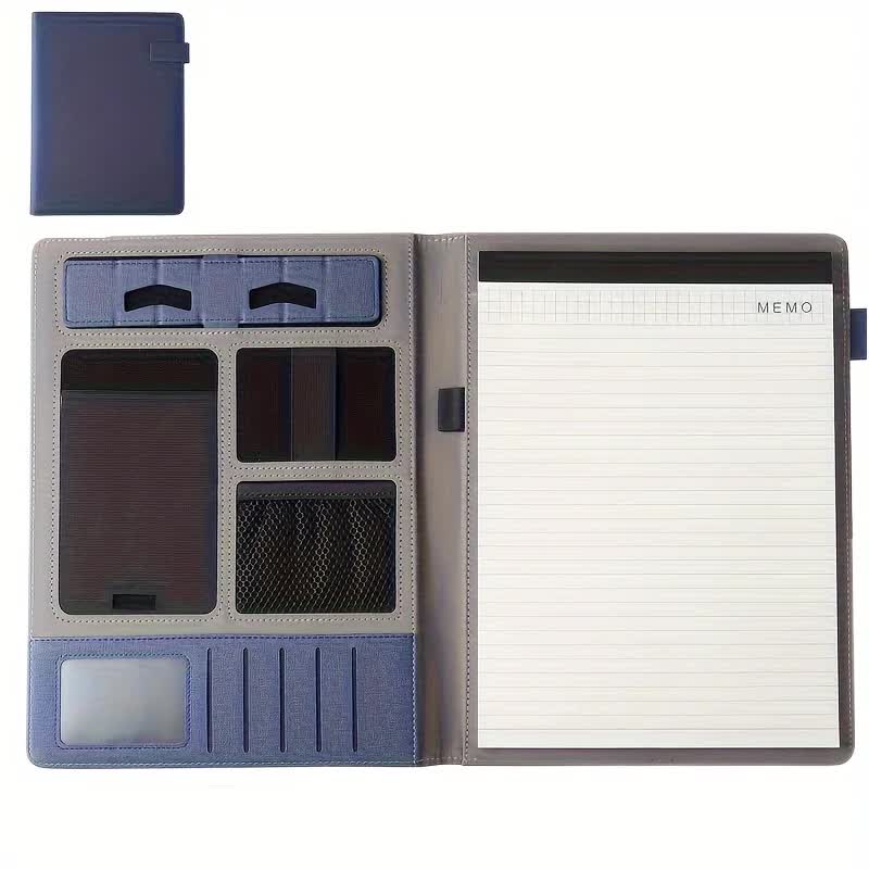 Image of blue a4 leather multi-functional business document folder with card slots contract file organizer suitable for aged care, corporate offices, and commercial settings