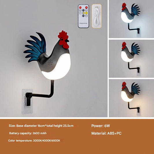 Image of grey usb rechargeable rooster wall lamp with sound, aromatherapy, and decorative design  creative nightlight for bedroom and corridor  ideal for luxury casual home interiors