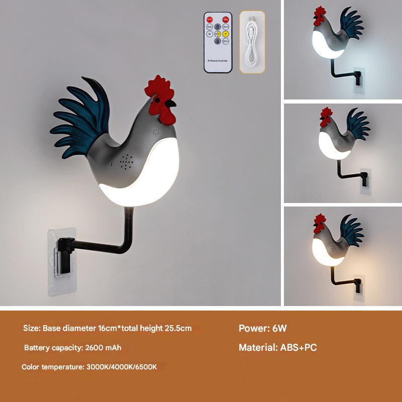 Image of silver usb rechargeable rooster wall lamp with sound, aromatherapy, and decorative design - creative nightlight for bedroom and corridor ideal for luxury casual home interiors