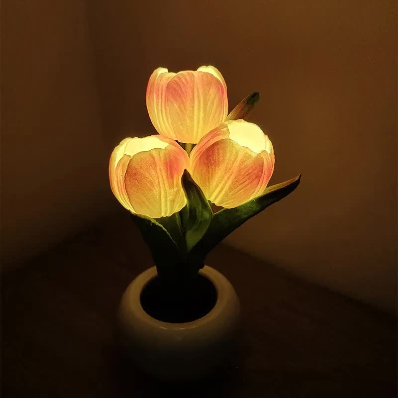 Image of orange flowers usb tulip night light - bedroom decor table lamp with pu flowers & ceramic pot, perfect gift for family & friends versatile for both home and professional use