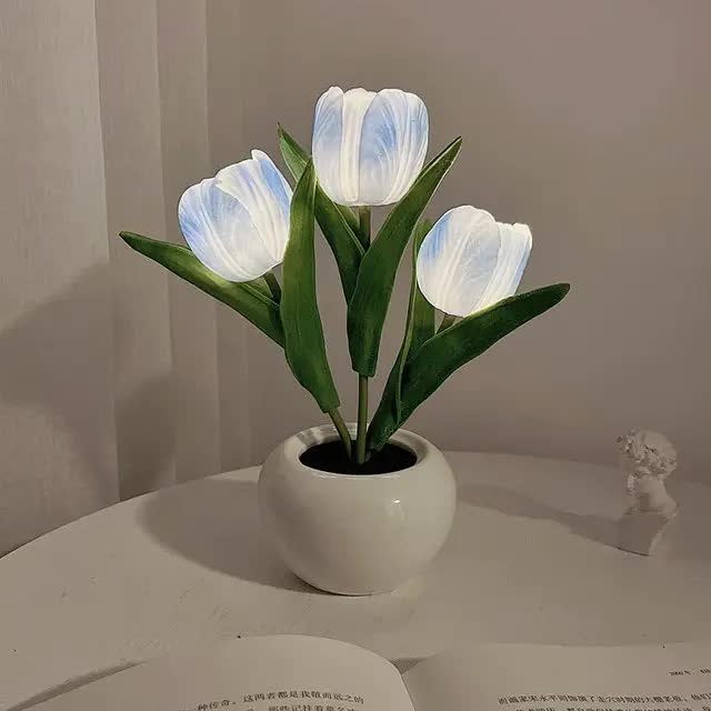 Image of blue flowers usb tulip night light - bedroom decor table lamp with pu flowers & ceramic pot, perfect gift for family & friends versatile for both home and professional use