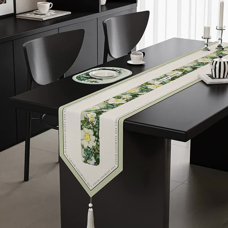 Image of green elegant green botanical table runner with tassels - 30x180cm ideal for luxury casual home interiors