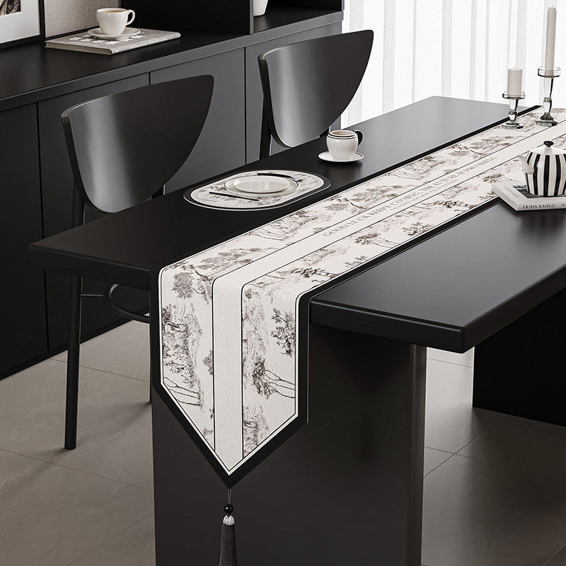 Image of black-white elegant green botanical table runner with tassels - 30x180cm ideal for luxury casual home interiors
