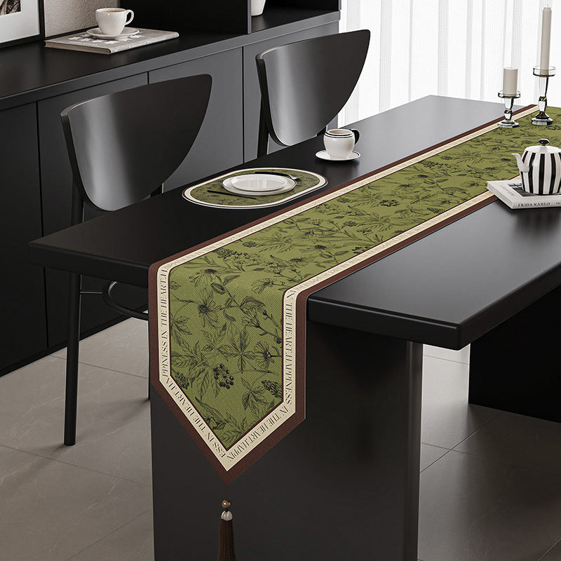 Image of green elegant green botanical table runner with tassels - 30x180cm ideal for luxury casual home interiors
