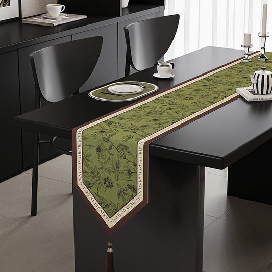 Image of green elegant green botanical table runner with tassels - 30x180cm  ideal for luxury casual home interiors