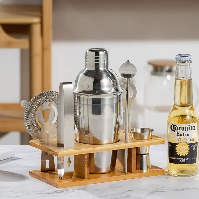 Image of 550ml 7-piece stainless steel cocktail shaker set with bamboo stand - bartender kit ideal for luxury casual home interiors