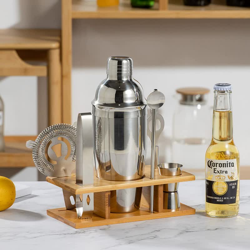 Image of 750ml 7-piece stainless steel cocktail shaker set with bamboo stand - bartender kit ideal for luxury casual home interiors