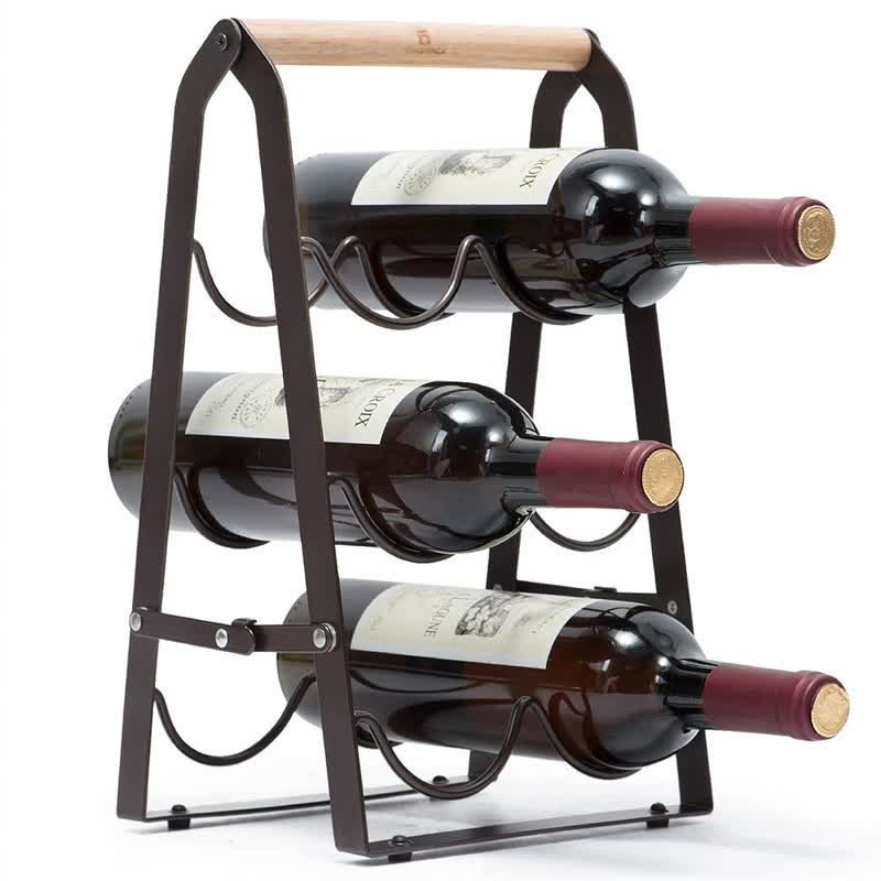 Image of folding metal wine rack - space-saving 6-bottle storage organizer with wooden handle ideal for luxury casual home interiors