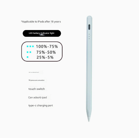 Image of white stylus pen for ipad (2018 & later) - tilt pressure, magnetic attachment, led battery indicator, type-c rechargeable suitable for aged care, corporate offices, and commercial settings