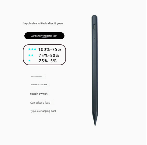 Image of black stylus pen for ipad (2018 & later) - tilt pressure, magnetic attachment, led battery indicator, type-c rechargeable suitable for aged care, corporate offices, and commercial settings