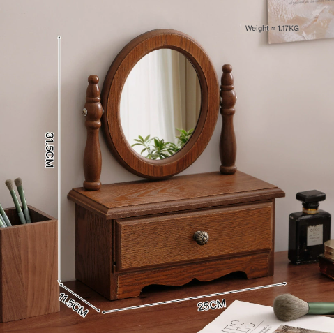 Image of round mirror with drawer orbicular wooden tabletop vanity mirror elegant design  ideal for luxury casual home interiors