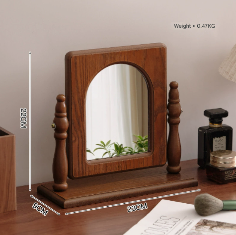 Image of square-shaped wooden tabletop vanity mirror, elegant design ideal for luxury casual home interiors
